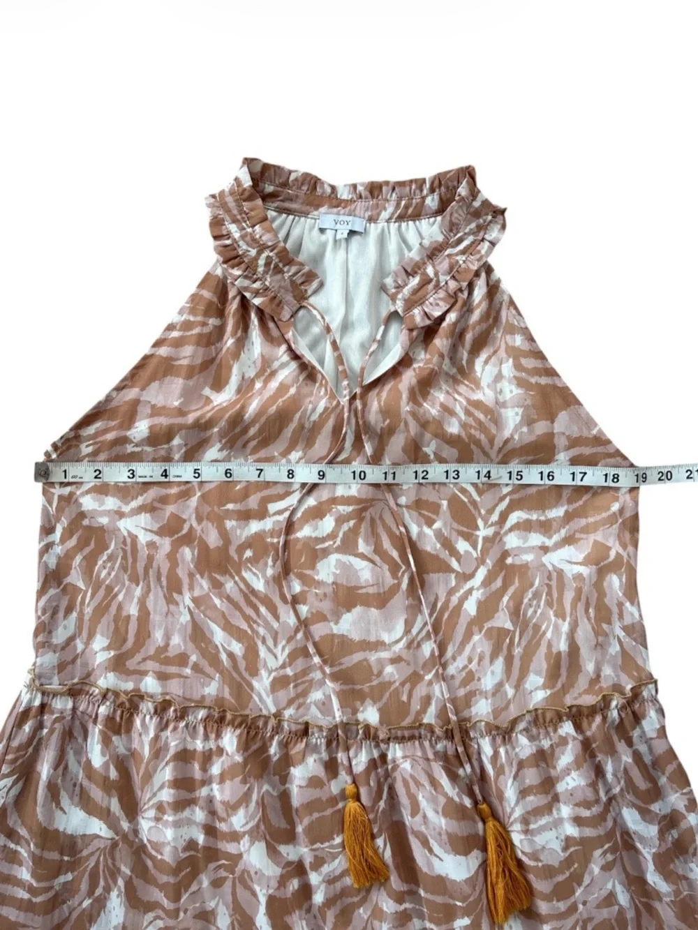 VOY Sleeveless Beige & Pink Patterned Midi Dress‎ with Yellow Trim Small
